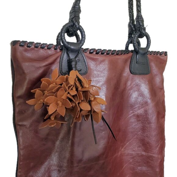 Anthony Luciano Wine Leather Tote Shoulder Bag Charm Penny Woven Trim Straps Lg - Picture 8 of 16